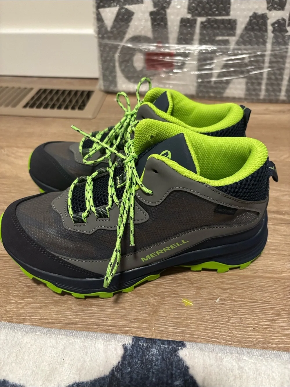 New kids Merrell Gray and Neon Green Athletic Trail Shoes
